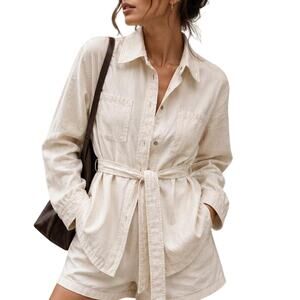 Jones New York Country White Linen Blend Belted Button Up Jacket Shirt Women’s